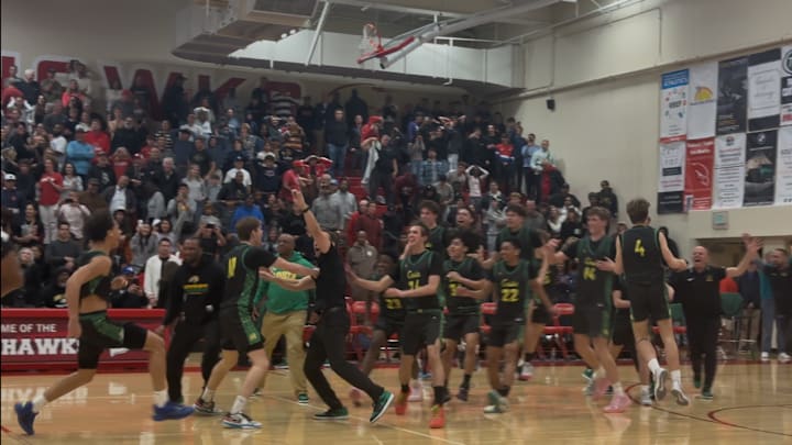 Mira Costa celebrates after a narrow victory over Redondo Union to earn a share of the Bay League title on Tuesday, Feb. 4, 2025.