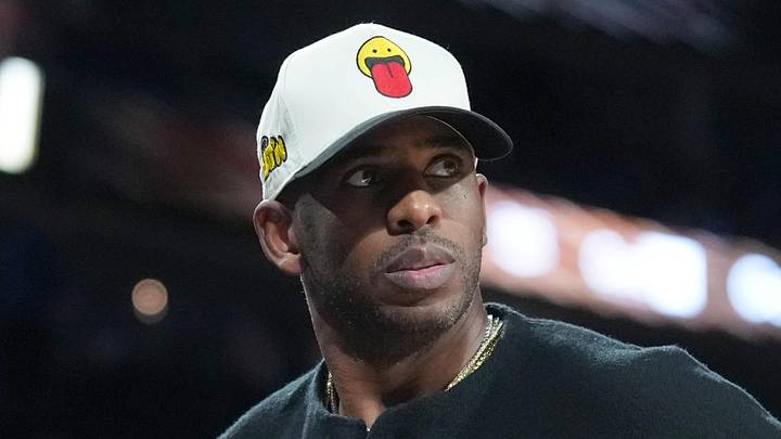 Dec 13, 2025; Las Vegas, Nevada, USA; Chris Paul watches during the Emirates NBA Cup semifinals game between the San Antonio Spurs and Oklahoma City Thunder at T-Mobile Arena. Mandatory Credit: Kirby Lee-Imagn Images