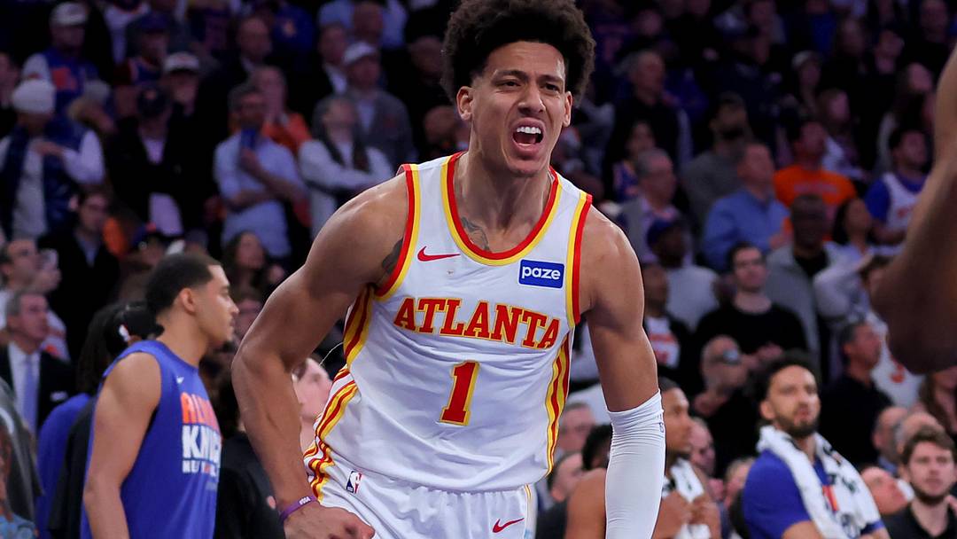 Apr 20, 2026; New York, New York, USA; Atlanta Hawks forward Jalen Johnson (1) reacts after a basket against the New York Knicks during the fourth quarter of game two of the first round of the 2026 NBA Playoffs at Madison Square Garden. Mandatory Credit: Brad Penner-Imagn Images