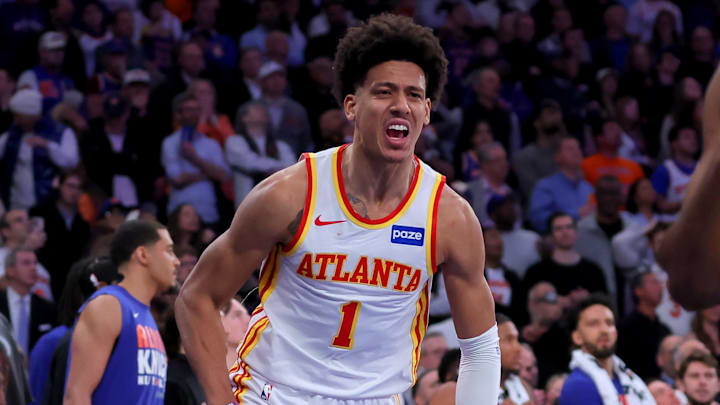 Apr 20, 2026; New York, New York, USA; Atlanta Hawks forward Jalen Johnson (1) reacts after a basket against the New York Knicks during the fourth quarter of game two of the first round of the 2026 NBA Playoffs at Madison Square Garden. Mandatory Credit: Brad Penner-Imagn Images