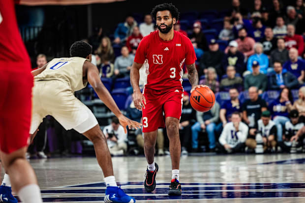 Nebraska guard Brice Williams dribbles the ball against Washington in Seattle on Feb. 6, 2025.