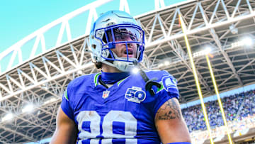 Oct 5, 2025; Seattle, Washington, USA; Seattle Seahawks tight end AJ Barner (88) reacts after catching a touchdown pass against the Tampa Bay Buccaneers during the second half at Lumen Field.