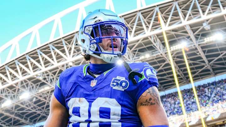 Oct 5, 2025; Seattle, Washington, USA; Seattle Seahawks tight end AJ Barner (88) reacts after catching a touchdown pass against the Tampa Bay Buccaneers during the second half at Lumen Field. Oct 5, 2025; Seattle, Washington, USA; Seattle Seahawks tight end AJ Barner (88) reacts after catching a touchdown pass against the Tampa Bay Buccaneers during the second half at Lumen Field.