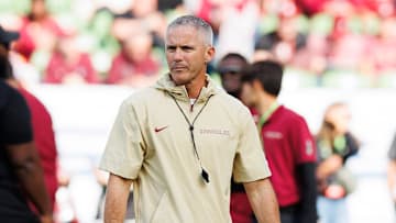 Aug 24, 2024; Dublin, IRL; Florida State University head coach Mike Norvell before the game against Georgia Tech  at Aviva Stadium. Mandatory Credit: Tom Maher/INPHO via Imagn Images