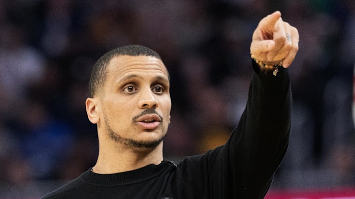 Feb 19, 2026; San Francisco, California, USA; Boston Celtics head coach Joe Mazzulla instructs his players during the second quarter against the Golden State Warriors at Chase Center. Mandatory Credit: D. Ross Cameron-Imagn Images