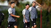 Luis Suárez, Lionel Messi y Sergio Busquets en un entrenamiento del Inter Miami 