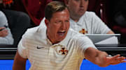 Iowa State Cyclones men's basketball head coach T.J. Otzelberger calls a play from side line during the first half against Grambling State Tigers on Nov. 6, 2025, at Hilton Coliseum in Ames, Iowa.