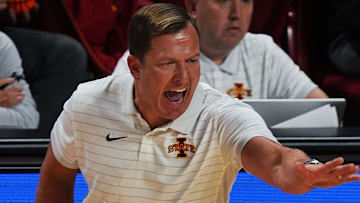 Iowa State Cyclones men's basketball head coach T.J. Otzelberger calls a play from side line during the first half against Grambling State Tigers on Nov. 6, 2025, at Hilton Coliseum in Ames, Iowa.