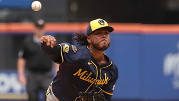 Jul 2, 2025; New York City, New York, USA; Milwaukee Brewers starting pitcher Freddy Peralta (51) delivers a pitch during the third inning against the New York Mets at Citi Field. Mandatory Credit: Vincent Carchietta-Imagn Images
