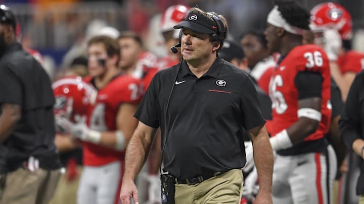 Dec 7, 2019; Atlanta, GA, USA; Georgia Bulldogs head coach Kirby Smart reacts on the sideline during the first half of the 2019 SEC Championship Game against the LSU Tigers at Mercedes-Benz Stadium. Mandatory Credit: Dale Zanine-Imagn Images