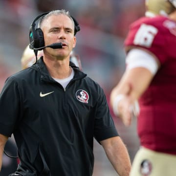 Florida State Seminoles head coach Mike Norvell watches on as his players come off the field. The Florida State Seminoles defeated the Virginia Tech Hokies 39-17 at Doak Campbell Stadium on Saturday, Oct. 7, 2023.