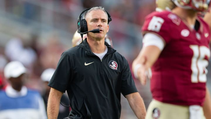 Florida State Seminoles head coach Mike Norvell watches on as his players come off the field. The Florida State Seminoles defeated the Virginia Tech Hokies 39-17 at Doak Campbell Stadium on Saturday, Oct. 7, 2023.