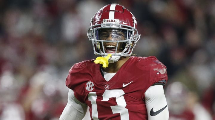 Nov 6, 2021; Tuscaloosa, Alabama, USA;  Alabama Crimson Tide defensive back Malachi Moore (13) celebrates after an LSU Tigers incompletion in the fourth quarter at Bryant-Denny Stadium. Alabama won 20-14. Mandatory Credit: Gary Cosby Jr.-USA TODAY Sports