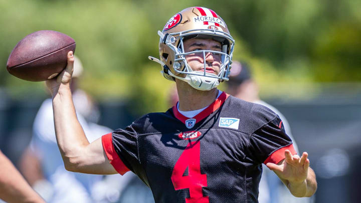 May 10, 2024; Santa Clara, CA, USA; San Francisco 49ers quarterback Tanner Mordecai (4) runs drills during the 49ers rookie minicamp at Levi’s Stadium in Santa Clara, CA. Mandatory Credit: Robert Kupbens-USA TODAY Sports