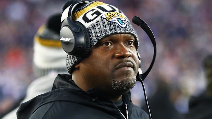 Jan 21, 2018; Foxborough, MA, USA; Jacksonville Jaguars running backs coach Tyrone Wheatley during the AFC Championship Game against the New England Patriots at Gillette Stadium. Mandatory Credit: Mark J. Rebilas-Imagn Images