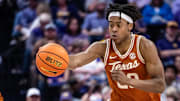 Feb 1, 2025; Baton Rouge, Louisiana, USA;  Texas Longhorns guard Tre Johnson (20) against the LSU Tigers during the second half at Pete Maravich Assembly Center. Mandatory Credit: Stephen Lew-Imagn Images