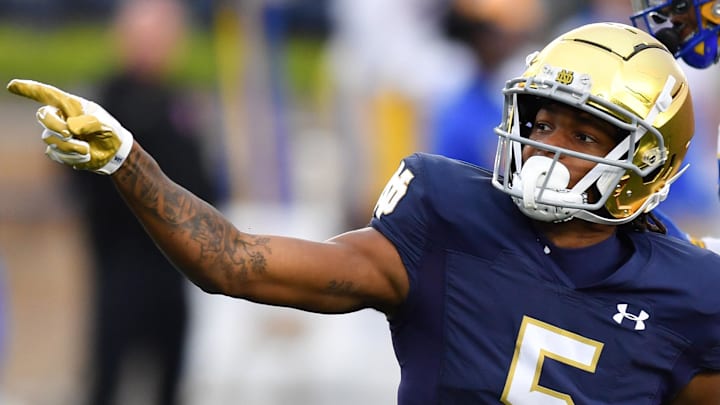 Notre Dame Fighting Irish wide receiver Tobias Merriweather (5) signals for a first down after catching a pass