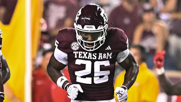 Sep 2, 2023; College Station, Texas, USA; Texas A&M Aggies defensive back Demani Richardson (26) reacts during the third quarter against the New Mexico Lobos at Kyle Field. Mandatory Credit: Maria Lysaker-Imagn Images