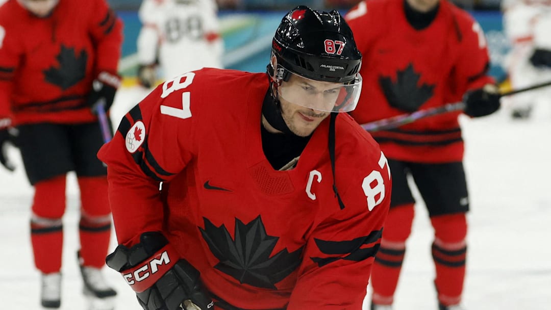 Feb 13, 2026; Milan, Italy; Sidney Crosby of Canada during the warm up before the match against Switzerland in men's ice hockey group A play during the Milano Cortina 2026 Olympic Winter Games at Milano Santagiulia Ice Hockey Arena. Mandatory Credit: Geoff Burke-Imagn Images
