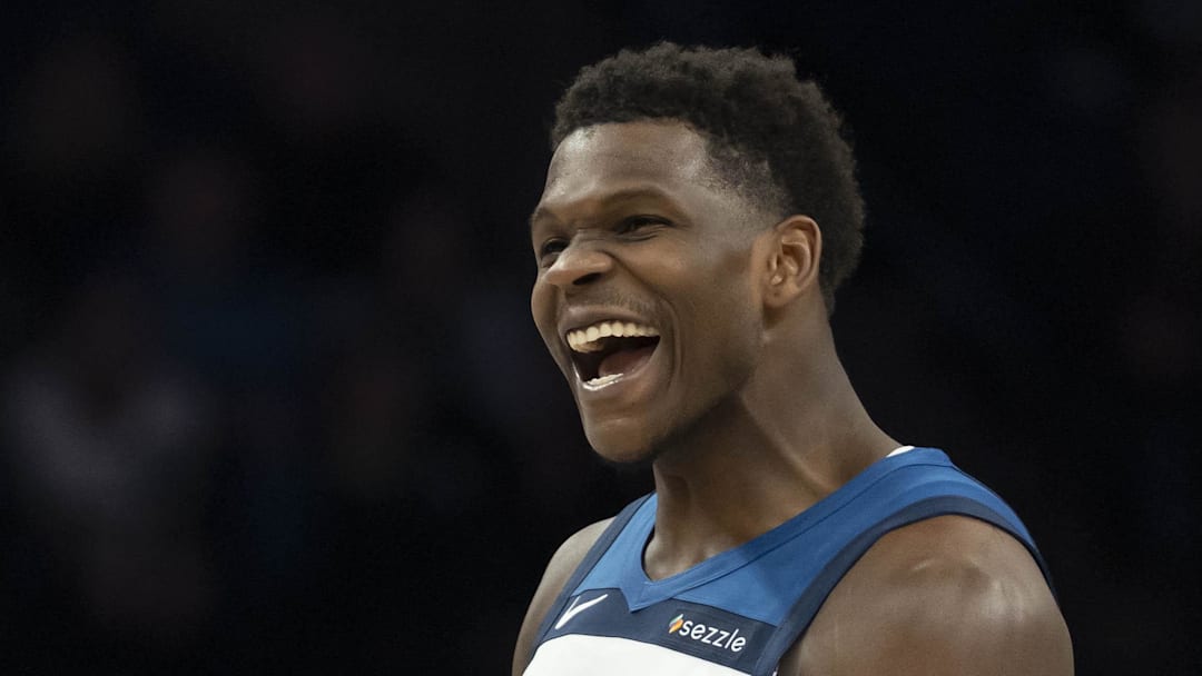 Feb 11, 2026; Minneapolis, Minnesota, USA; Minnesota Timberwolves guard Anthony Edwards (5) celebrates Minnesota Timberwolves forward Julius Randle (not pictured) making a shot against the Portland Trail Blazers in the second half at Target Center. Mandatory Credit: Jesse Johnson-Imagn Images