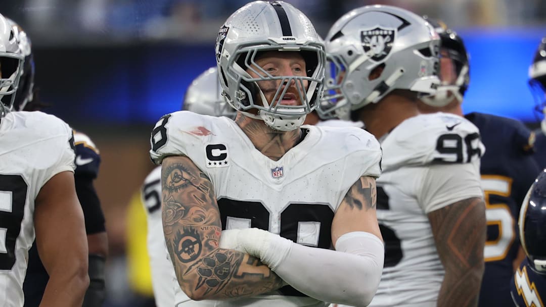 Las Vegas Raiders defensive end Maxx Crosby reacts during the second half at SoFi Stadium.