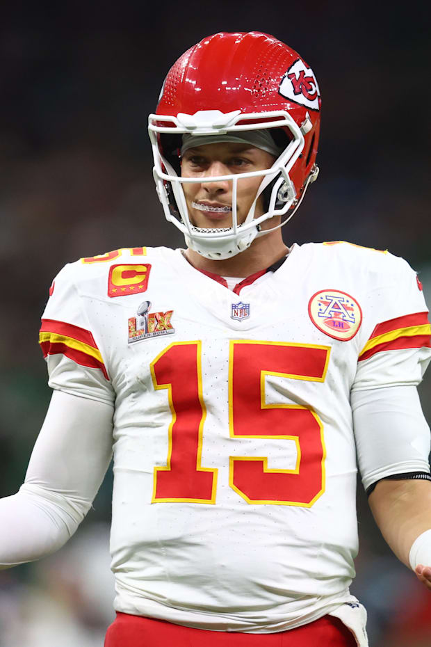 Chiefs quarterback Patrick Mahomes reacts in the fourth quarter against the Philadelphia Eagles in Super Bowl LIX.