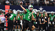 Southlake Carroll's Angelo Renda throws the ball during the 6A DII UIL Texas State Football Championship game against Austin Vandegrift on Saturday, December 21, 2024 at AT&T Stadium in Arlington.