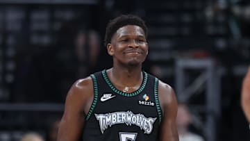 Nov 10, 2025; Salt Lake City, Utah, USA; Minnesota Timberwolves guard Anthony Edwards (5) reacts to a play against the Utah Jazz during the second half at Delta Center. Mandatory Credit: Rob Gray-Imagn Images