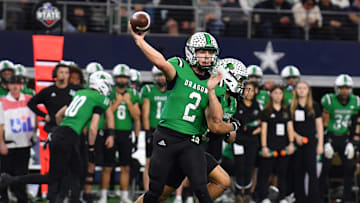 Southlake Carroll's Angelo Renda throws the ball during the 6A DII UIL Texas State Football Championship game against Austin Vandegrift on Saturday, December 21, 2024 at AT&T Stadium in Arlington.