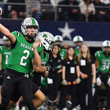 Southlake Carroll's Angelo Renda throws the ball during the 6A DII UIL Texas State Football Championship game against Austin Vandegrift on Saturday, December 21, 2024 at AT&T Stadium in Arlington.