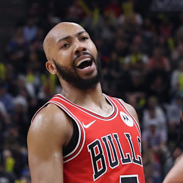 Mar 6, 2024; Salt Lake City, Utah, USA; Chicago Bulls guard Jevon Carter (5) reacts to a call against the Utah Jazz during the second quarter at Delta Center. Mandatory Credit: Rob Gray-Imagn Images