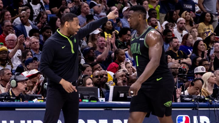 Apr 14, 2024; New Orleans, Louisiana, USA; New Orleans Pelicans head coach Willie Green gives direction to forward Zion Williamson (1) on a time out against the Los Angeles Lakers during the first half at Smoothie King Center.