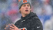 Cincinnati Bengals quarterback Joe Burrow (9) throws passes during warmups before the first quarter of the NFL Week 14 game between the Buffalo Bills and the Cincinnati Bengals at Highmark Stadium in Orchard Park, N.Y., on Sunday, Dec. 7, 2025.