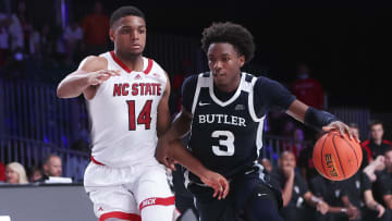 Nov 25, 2022; Paradise Island, BAHAMAS; Butler Bulldogs guard Chuck Harris (3) drives to the basket