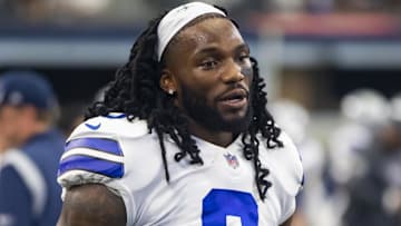 Oct 3, 2021; Arlington, Texas, USA; Dallas Cowboys linebacker Jaylon Smith (9) against the Carolina Panthers at AT&T Stadium. Mandatory Credit: Mark J. Rebilas-Imagn Images