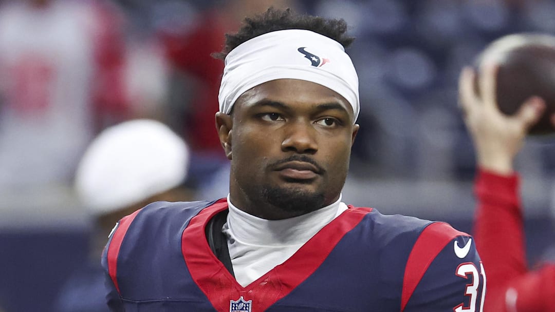 Dec 24, 2023; Houston, Texas, USA; Houston Texans running back Dameon Pierce (31) before the game against the Cleveland Browns at NRG Stadium. Mandatory Credit: Troy Taormina-Imagn Images