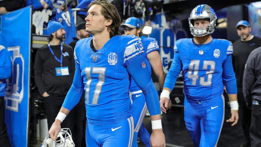 Lions place kicker Michael Badgley takes the field for warmups before the NFC wild card game at Ford Field.