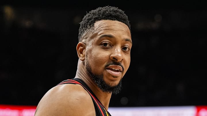 Atlanta Hawks guard CJ McCollum (3) reacts after making a shot from beyond half court that would have tied the game but was ruled after time expired against the New York Knicks during the second half at State Farm Arena on April 6, 2026.