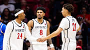 San Diego State players during an exhibition game at Viejas Arena in San Diego. 