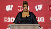 Oct 9, 2023; Minneapolis, MN, USA; Wisconsin Badgers head coach Marisa Moseley speaks to the media at the Big Ten Basketball Media Days at Target Center. 