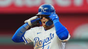 Kansas City Royals shortstop Bobby Witt Jr. (7) gestures to the dugout after hitting a double during the third inning against the Arizona Diamondbacks at Kauffman Stadium on July 22.