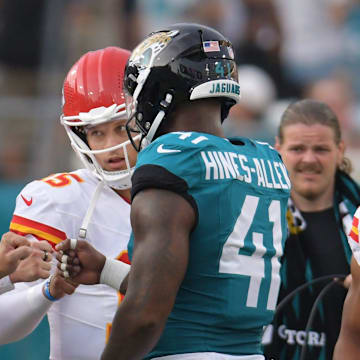 Kansas City Chiefs kicker Harrison Butker (7), Jacksonville Jaguars quarterback Trevor Lawrence (16), quarterback Patrick Mahomes (15) and defensive end Josh Hines-Allen (41) greet each other at center field for the coin toss before the start of Saturday's game. The Jaguars led 20 to 10 at the end of the first half. The Jacksonville Jaguars hosted the Kansas City Chiefs in the Jaguars first preseason game of the season Saturday, August10, 2024 at EverBank Stadium in Jacksonville, Fla. [Bob