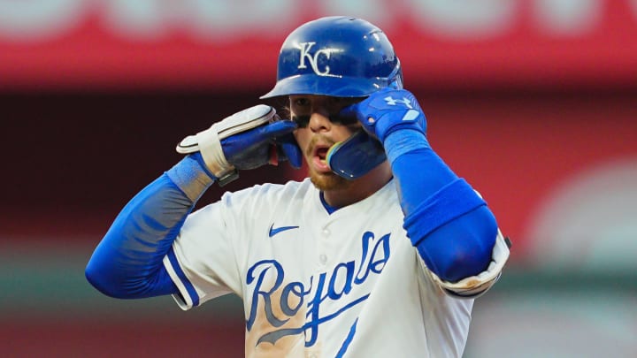 Jul 22, 2024; Kansas City, Missouri, USA; Kansas City Royals shortstop Bobby Witt Jr. (7) gestures to the dugout after hitting a double during the third inning against the Arizona Diamondbacks at Kauffman Stadium. 