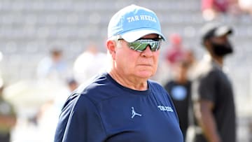 Nov 2, 2024; Tallahassee, Florida, USA;  North Carolina Tarheels head coach Mack Brown during warmups before a game against the Florida State Seminoles at Doak S. Campbell Stadium. Mandatory Credit: Robert Myers-Imagn Images