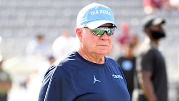 Nov 2, 2024; Tallahassee, Florida, USA;  North Carolina Tarheels head coach Mack Brown during warmups before a game against the Florida State Seminoles at Doak S. Campbell Stadium. Mandatory Credit: Robert Myers-Imagn Images