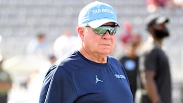 Nov 2, 2024; Tallahassee, Florida, USA;  North Carolina Tarheels head coach Mack Brown during warmups before a game against the Florida State Seminoles at Doak S. Campbell Stadium. Mandatory Credit: Robert Myers-Imagn Images