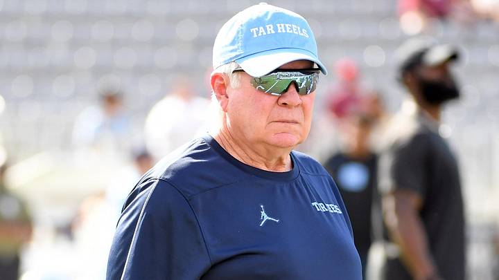 Nov 2, 2024; Tallahassee, Florida, USA;  North Carolina Tarheels head coach Mack Brown during warmups before a game against the Florida State Seminoles at Doak S. Campbell Stadium. Mandatory Credit: Robert Myers-Imagn Images