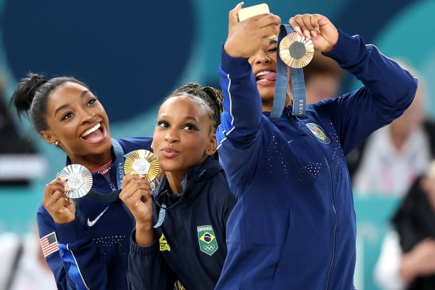 In the floor routine, Biles took silver, Andrade (center) won the gold and the U.S.'s Jordan Chiles won bronze.