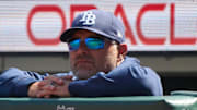 Aug 17, 2025; San Francisco, California, USA; Tampa Bay Rays manager Kevin Cash (16) looks on against the San Francisco Giants during the seventh inning at Oracle Park. 