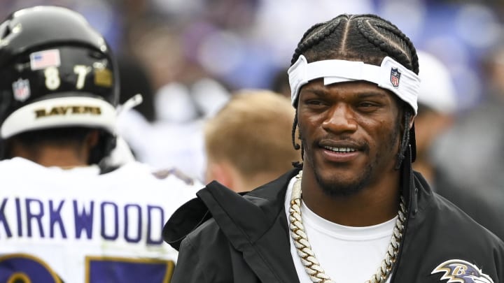 Baltimore Ravens quarterback Lamar Jackson walks on the sideline during the second half against the Atlanta Falcons at M&T Bank Stadium. 